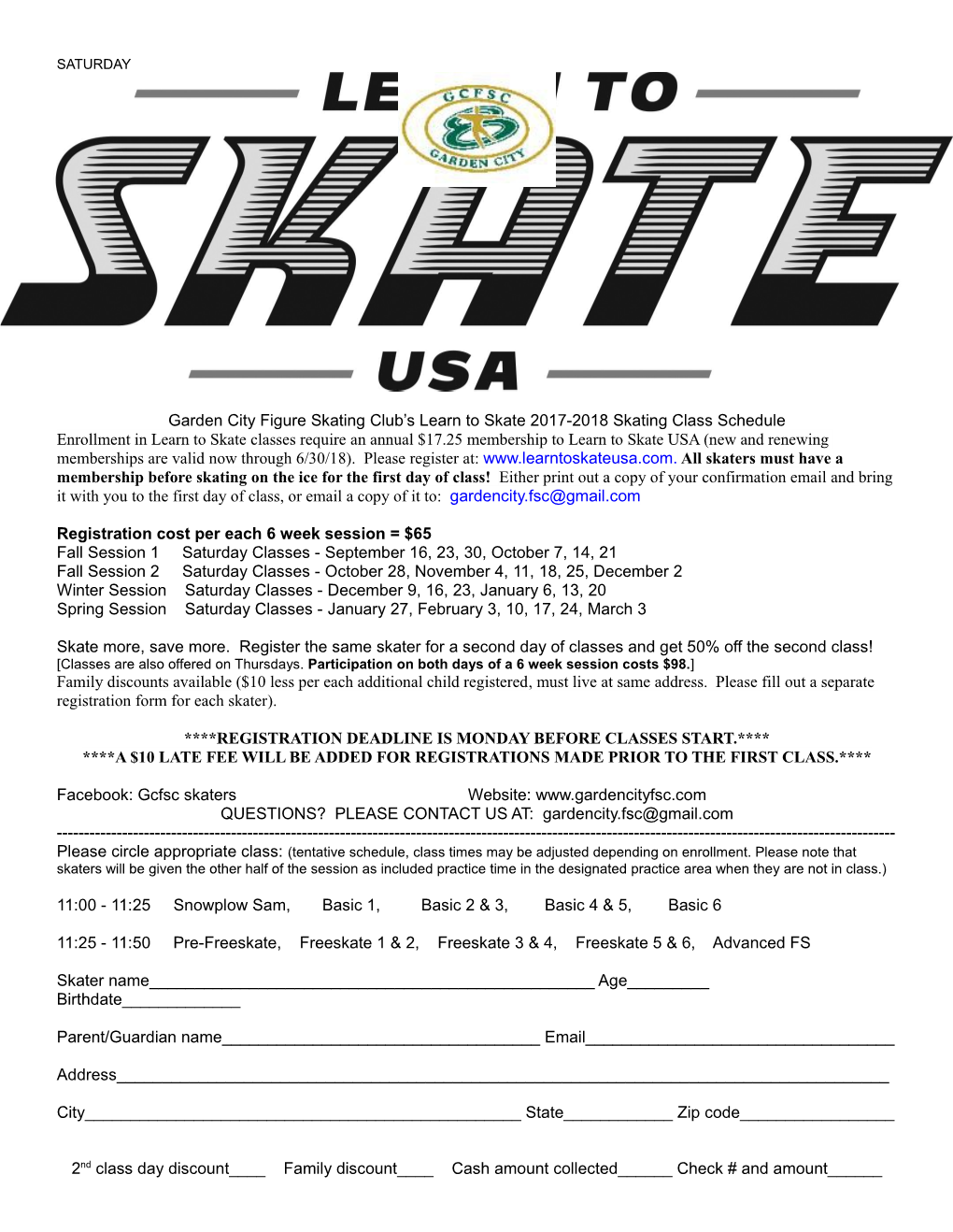 Garden City Figure Skating Club S Learn to Skate 2017-2018 Skating Class Schedule