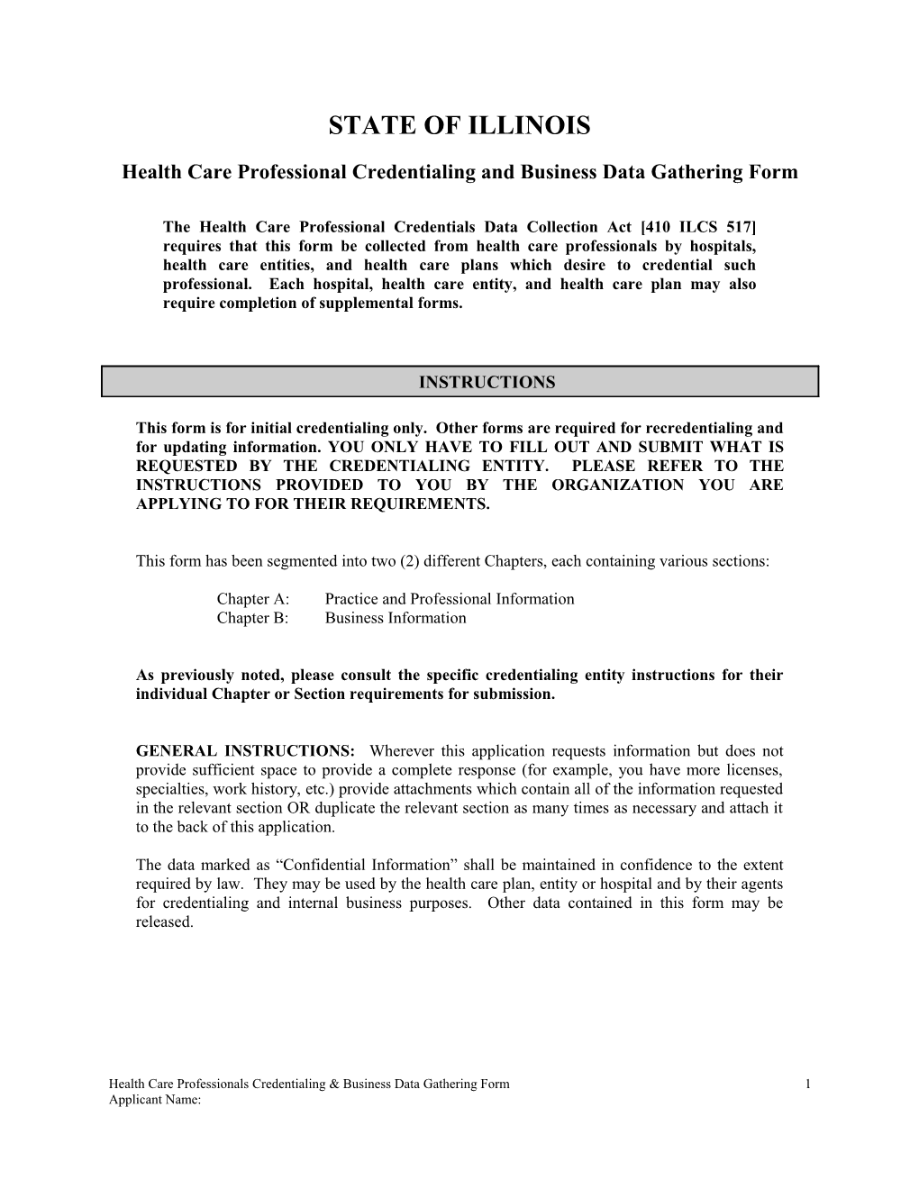 Health Care Professional Credentialing and Business Data Gathering Form