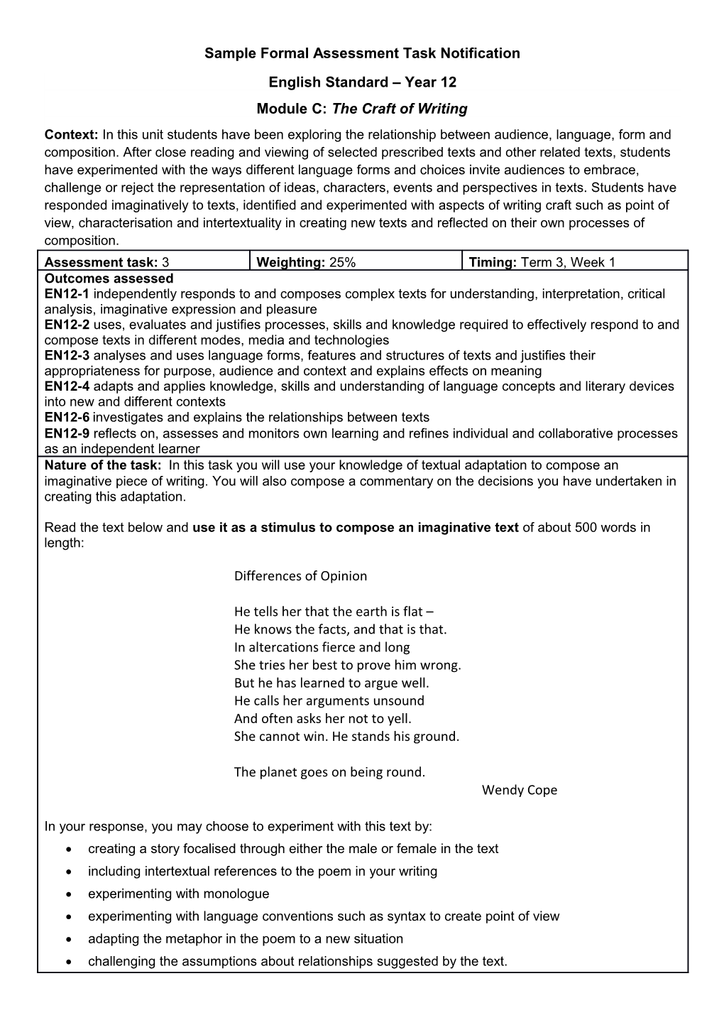 Stage 6 English Standard Support Material - Module C Sample Assessment Task