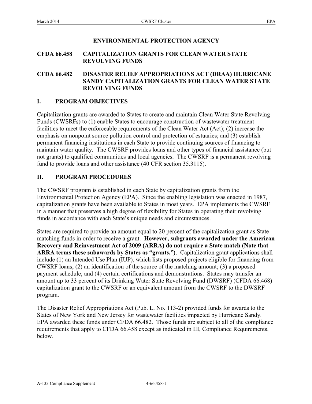 Cfda 66.458 Capitalization Grants for Clean Water State Revolving Funds