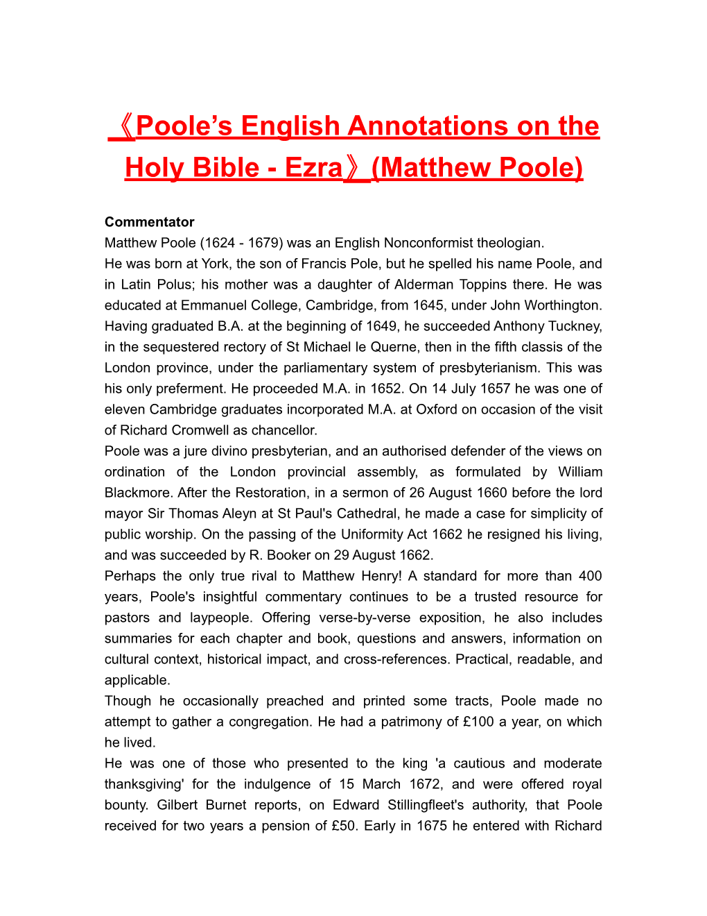 Poole S English Annotations on the Holy Bible - Ezra (Matthew Poole)