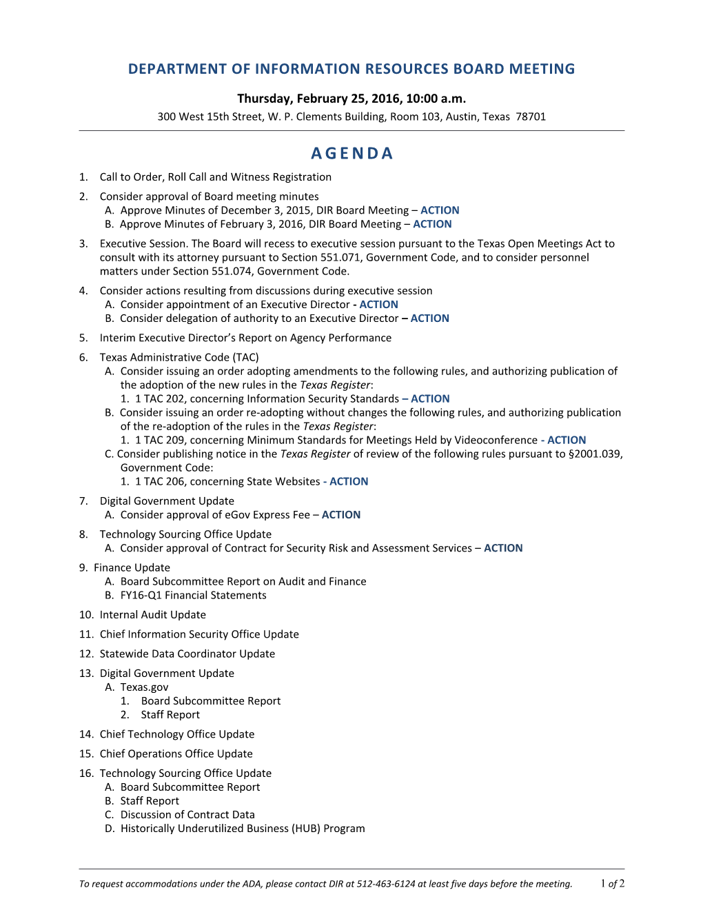 Board Meeting Agenda - 2016 Feb 25