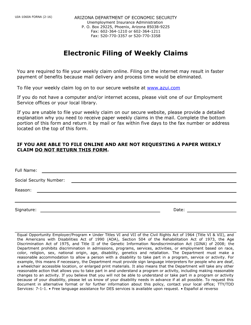 UIA-1060A - Electronic Filing of Weekly Claims