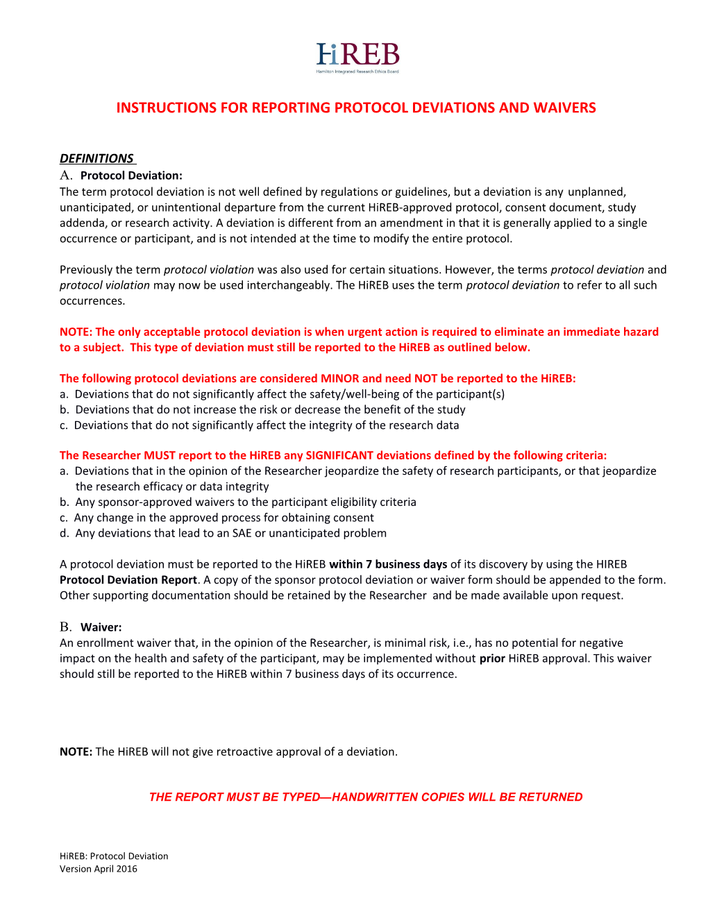 Instructions for Reporting Protocol Deviations and Waivers