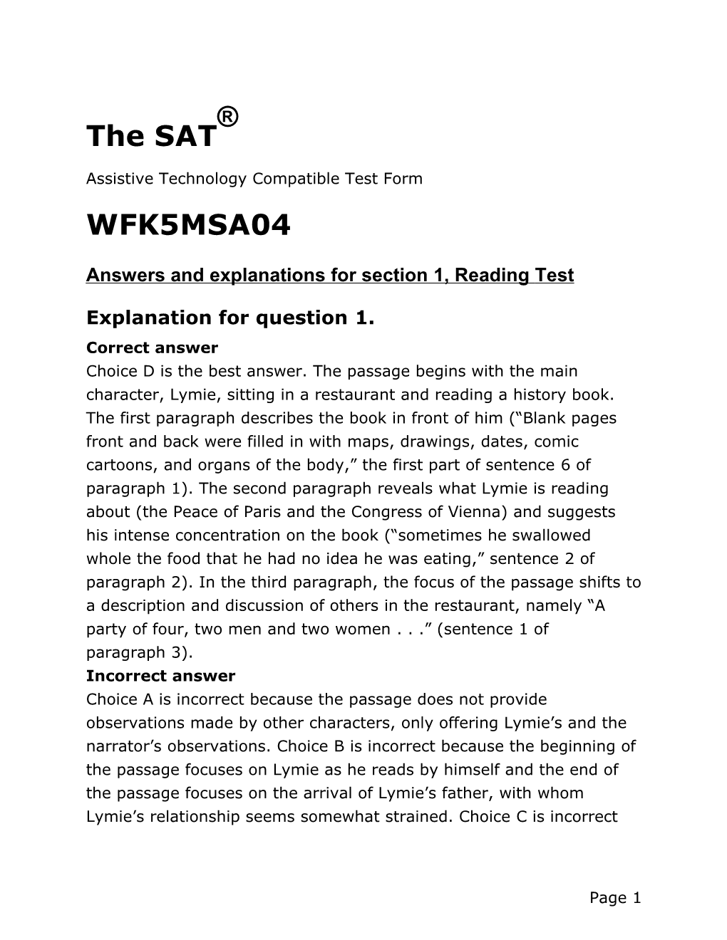 Answers and Explanations for Section1, Readingtest