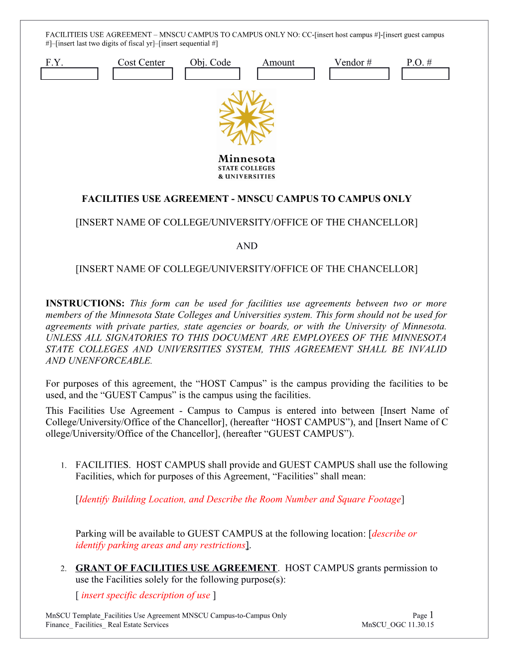 Mnscu Template Facilities Use Agreement MNSCU Campus-To-Campus Only Page 1