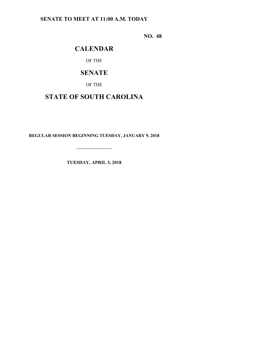 Senate Calendar for 4/3/2018 - South Carolina Legislature Online