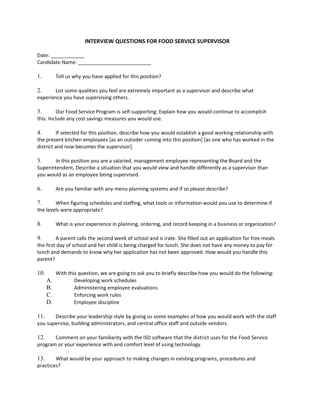 Interview Questions For Food Service Supervisor