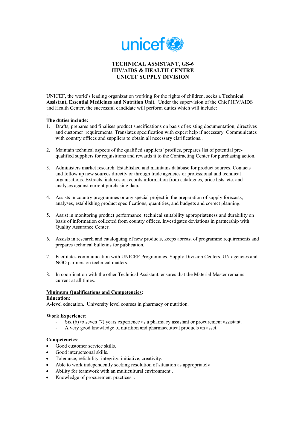 Technical Assistant, Essential Medicines and Nutrition Unit