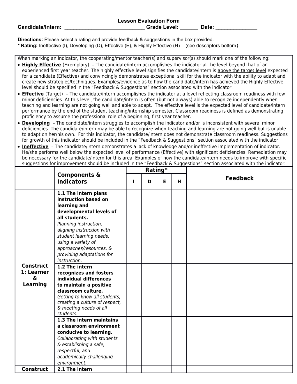 Lesson Evaluation Form