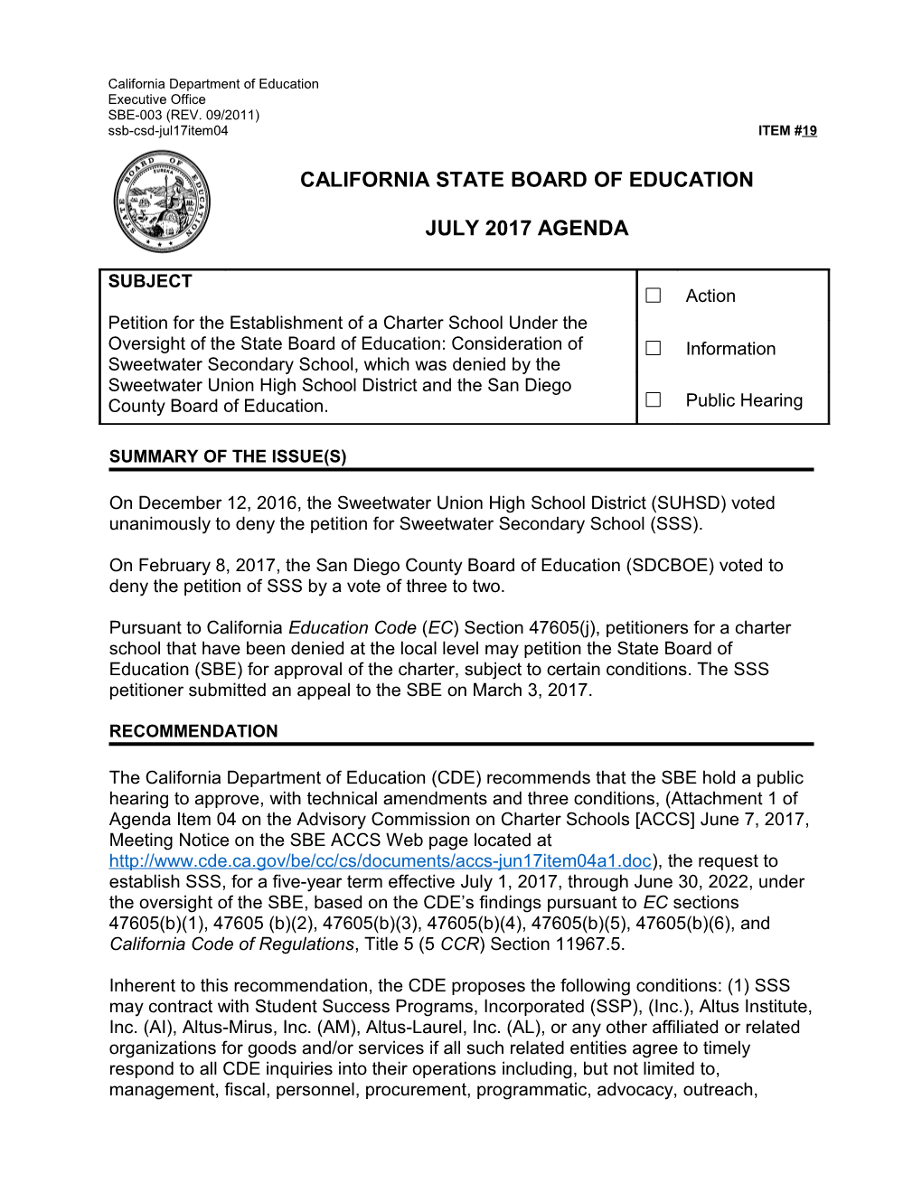 July 2017 Agenda Item 19 - Meeting Agendas (CA State Board Of Education)
