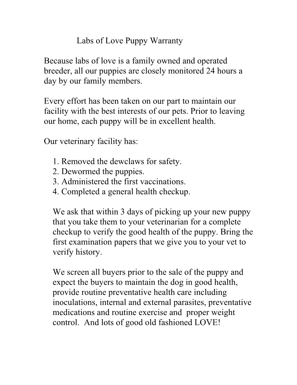 Labs of Love Puppy Warranty