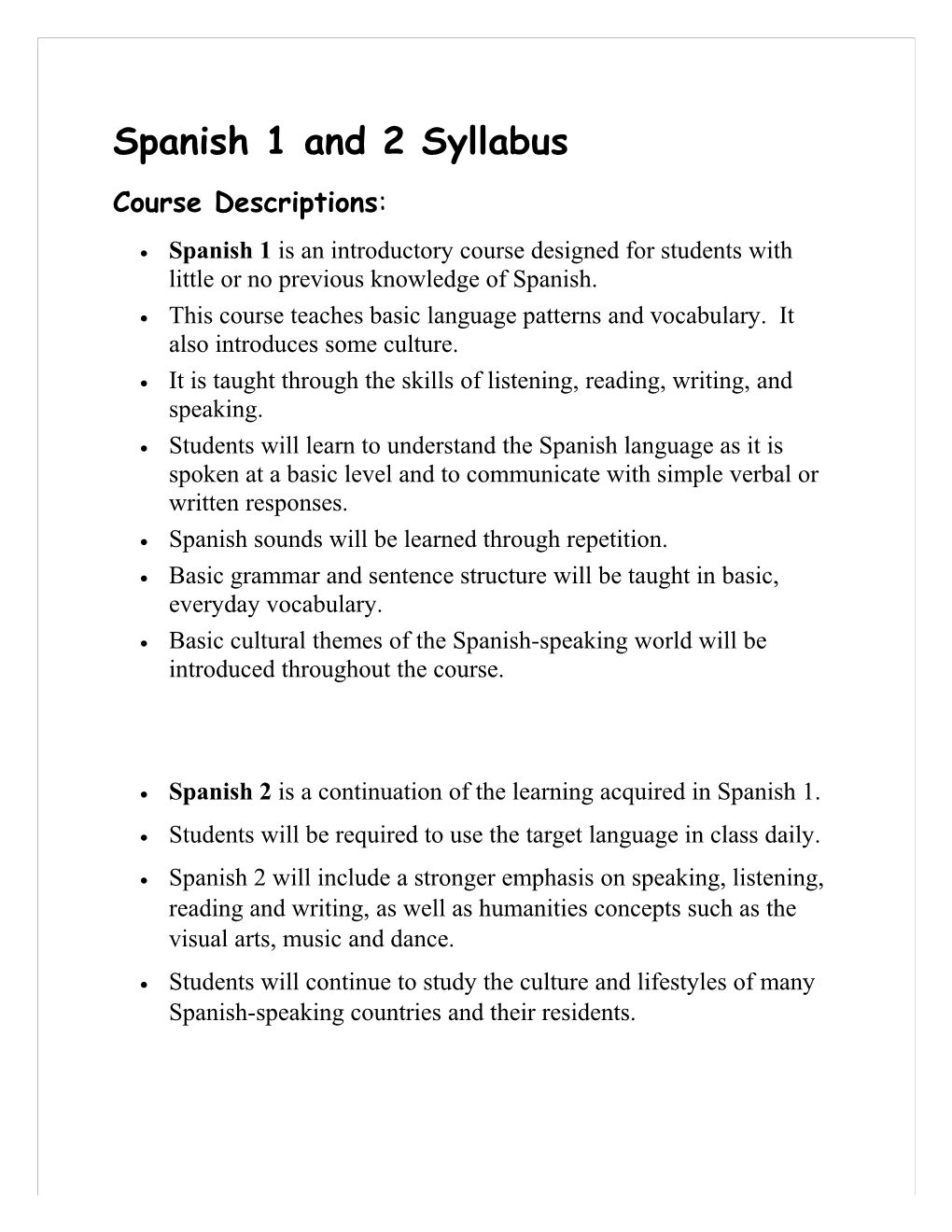 Spanish 1 and 2 Syllabus
