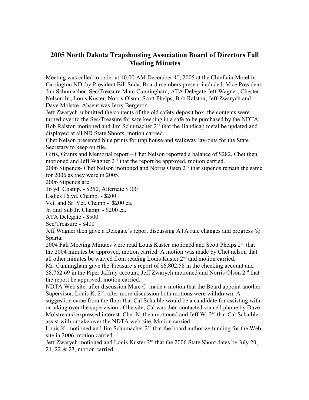 2005 North Dakota Trapshooting Association Board of Directors Fall Meeting Minutes