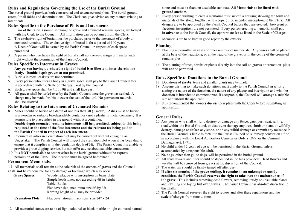 Rules and Regulations Governing the Use of the Burial Ground