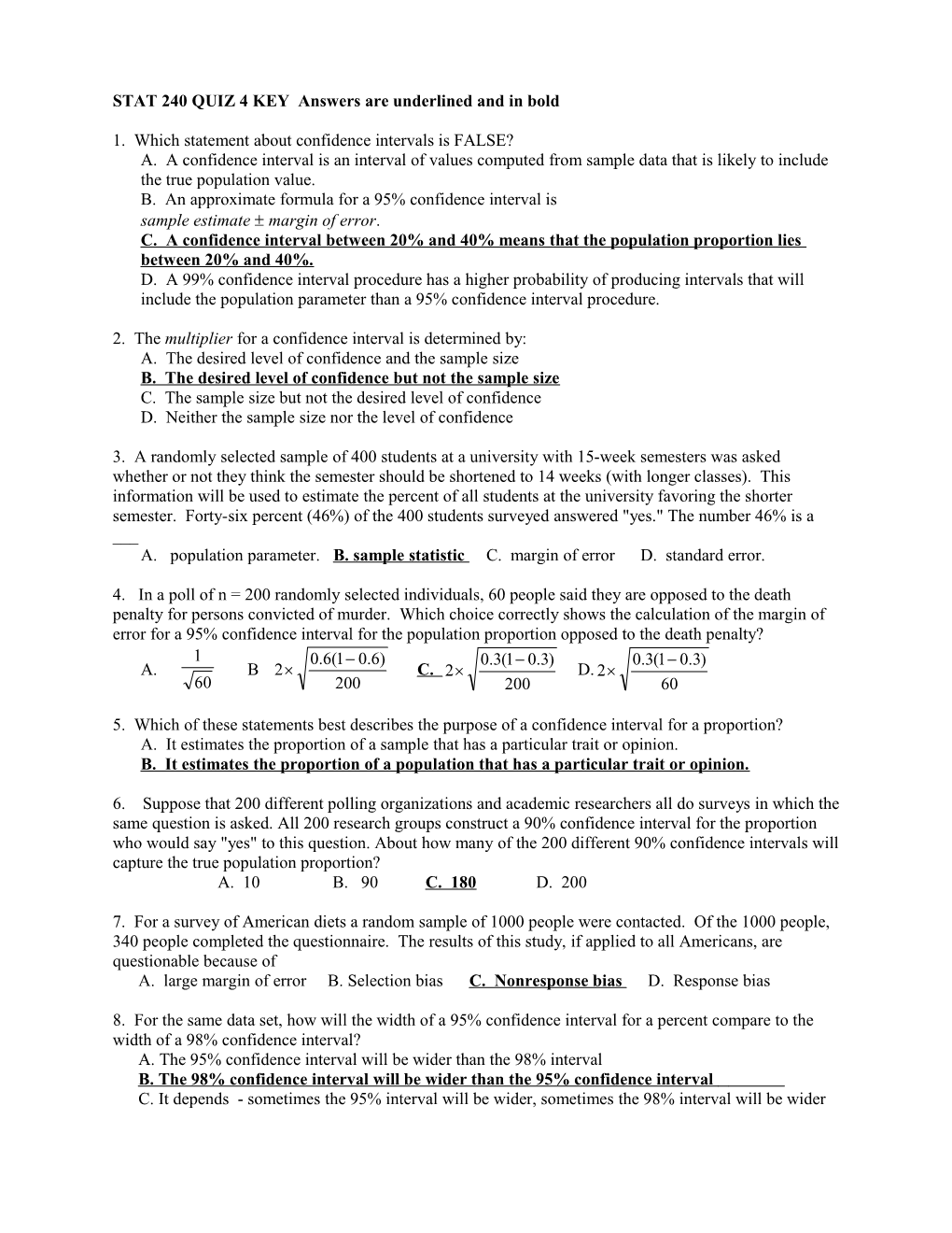 STAT 240 QUIZ 4 KEY Answers Are Underlined and in Bold