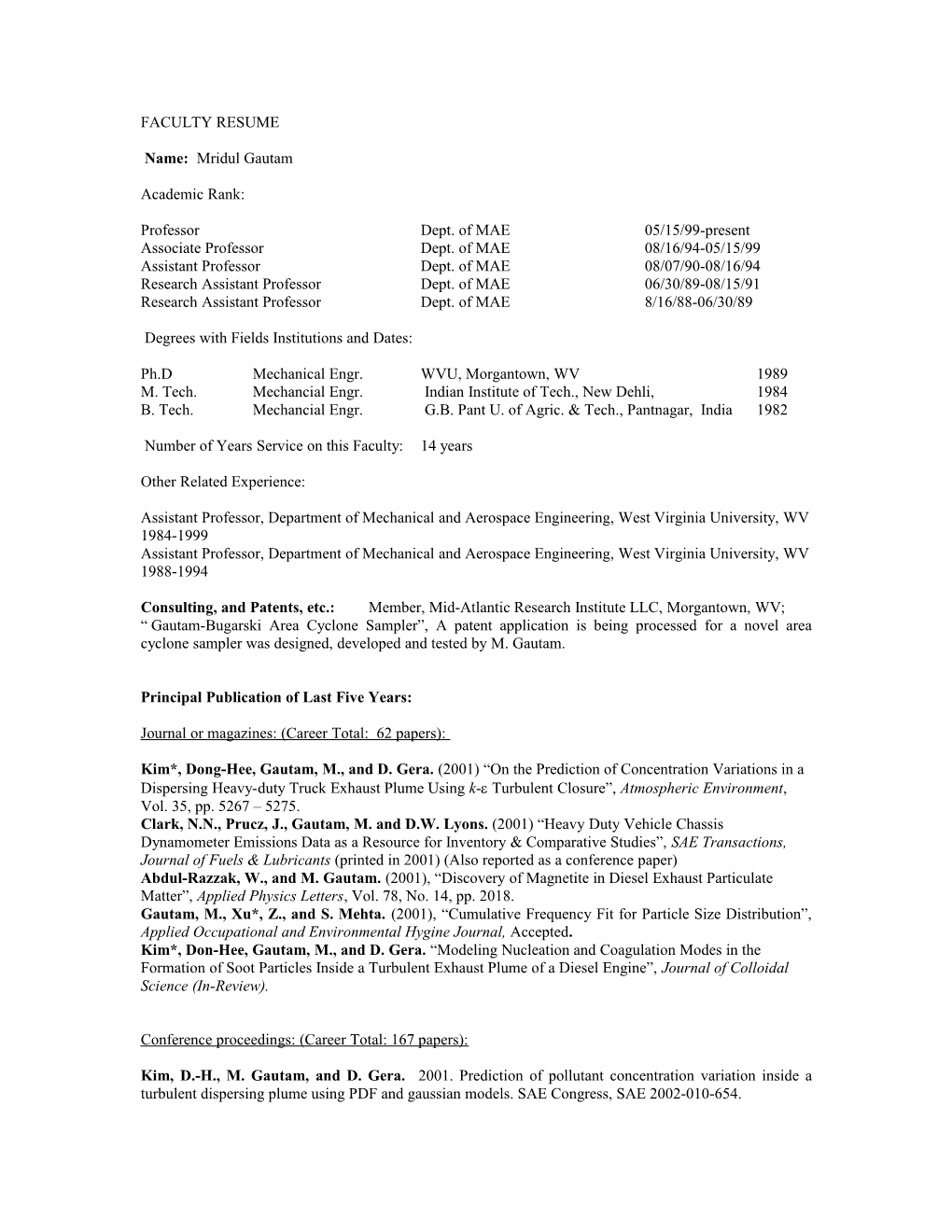 Faculty Resume