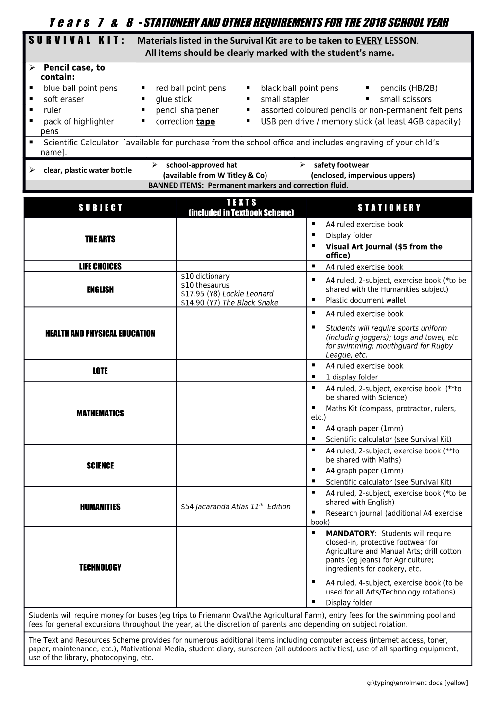 Stationery List Y7 & YR 8 2018