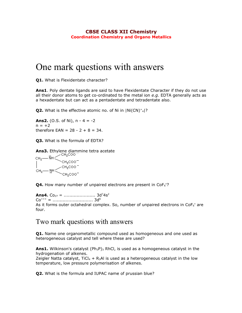 CBSE CLASS XII Chemistry