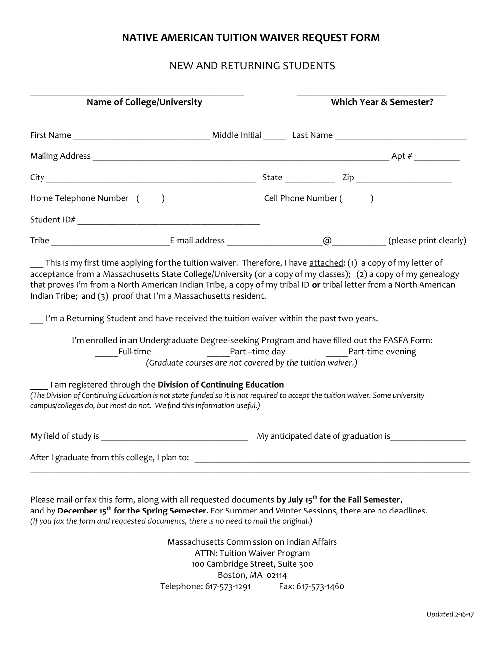 Native American Tuition Waiver Request Form