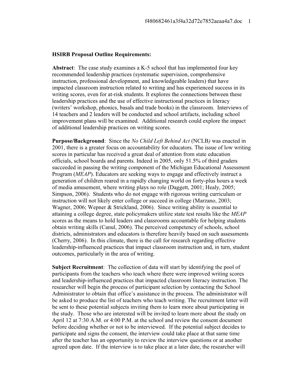 HSIRB Proposal Outline Requirements