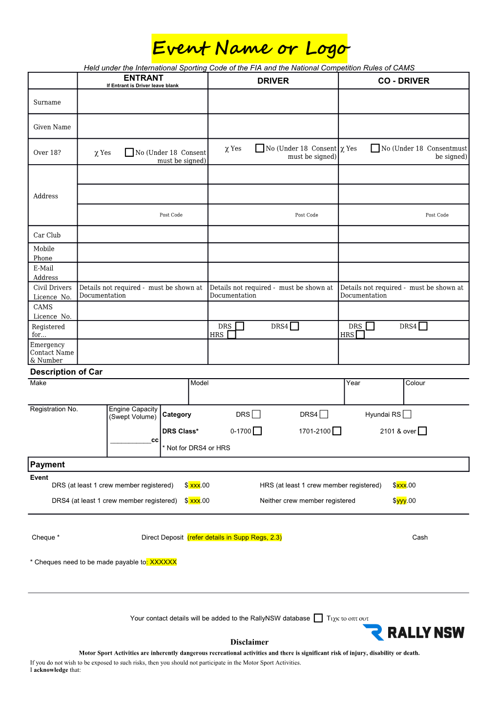 Caltex Airport Starmart Rally - Entry Form