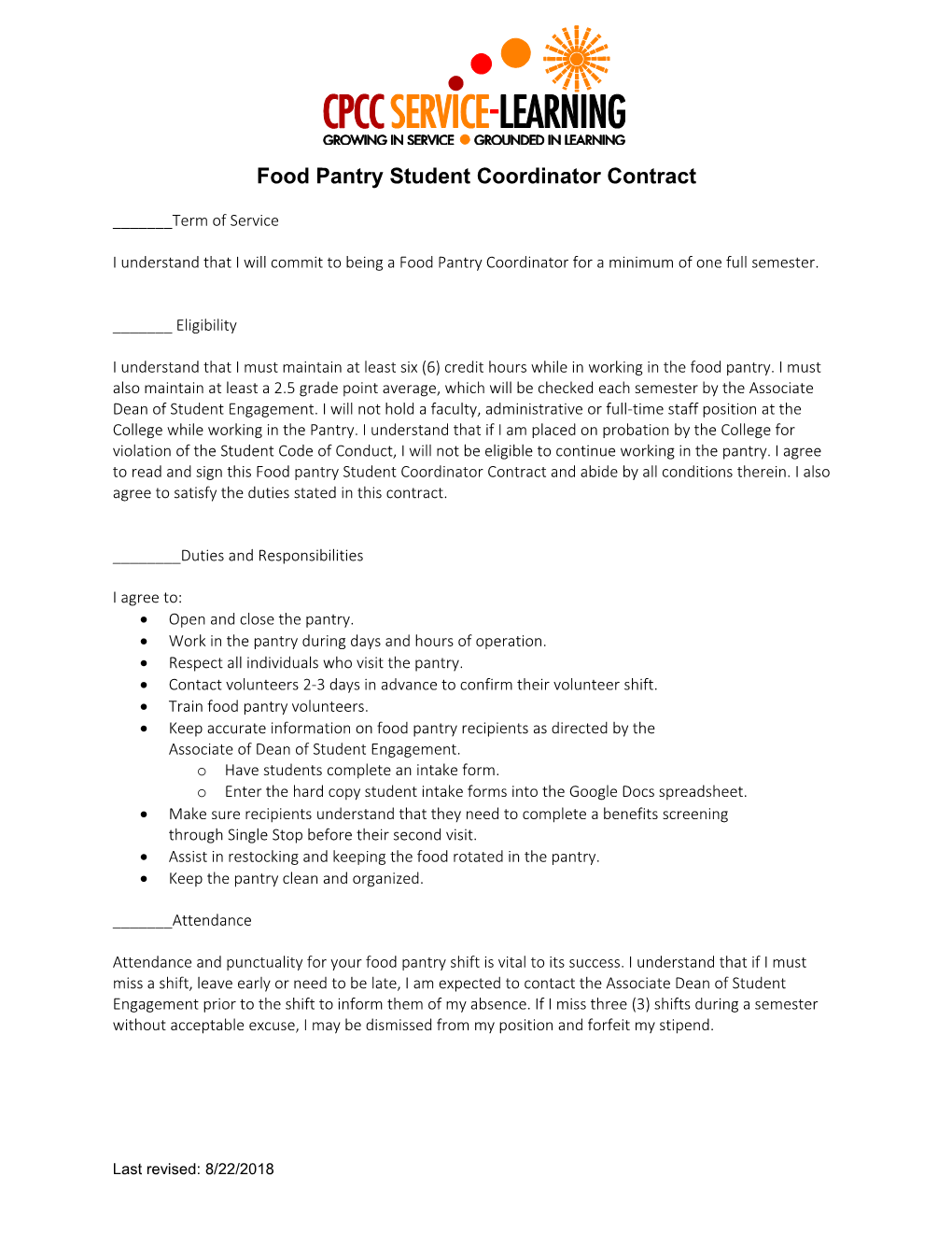 Food Pantry Student Coordinator Contract