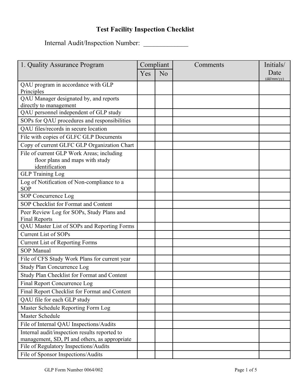 Test Facility Inspection Checklist