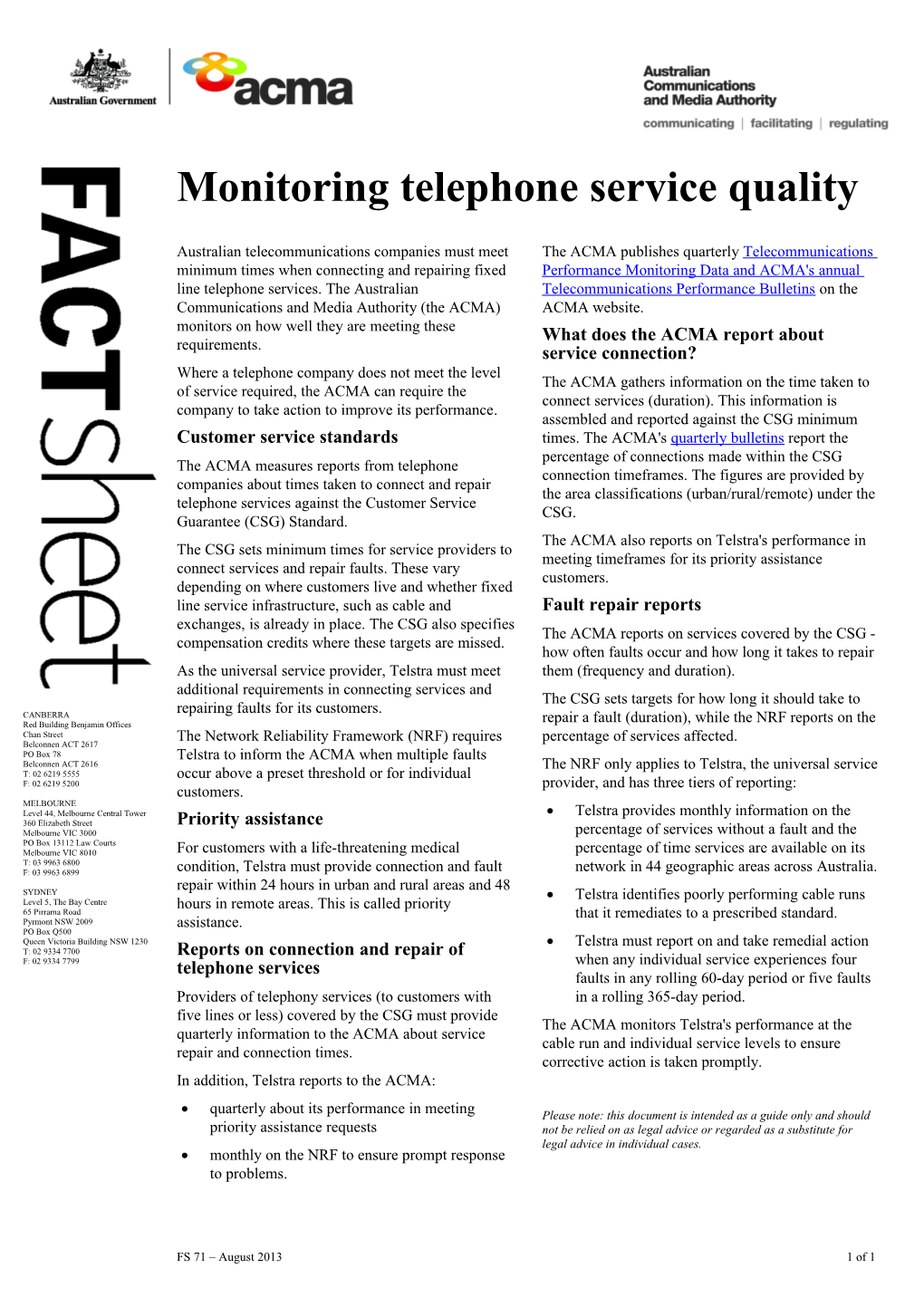 FS 71 Monitoring Telephone Service Quality