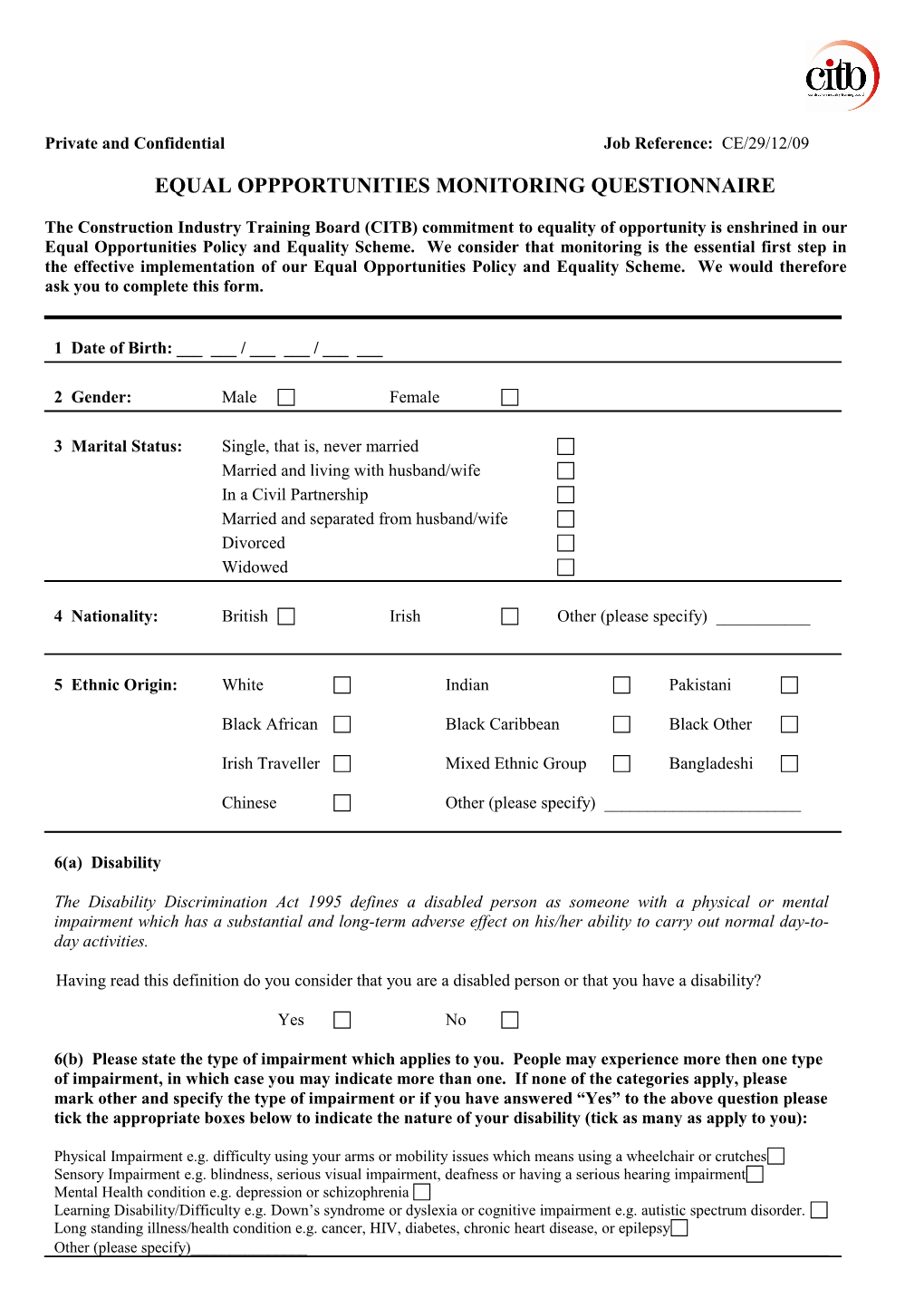 Equal Oppportunities Monitoring Questionnaire