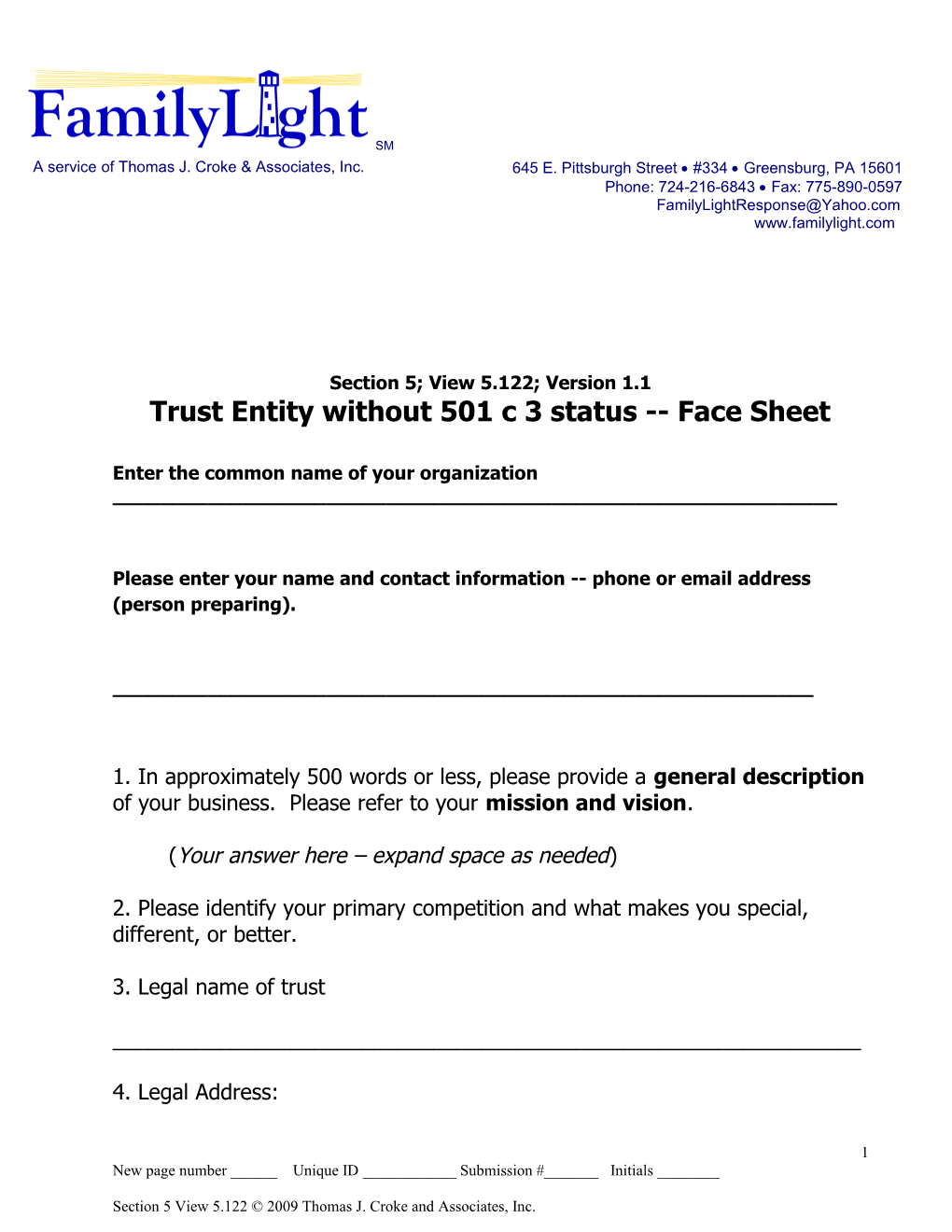 Trust Entity Without 501 C 3 Status Face Sheet