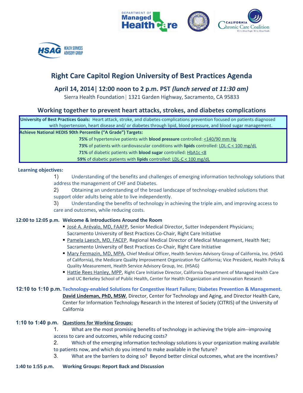 Right Care Capitol Region University of Best Practices Agenda