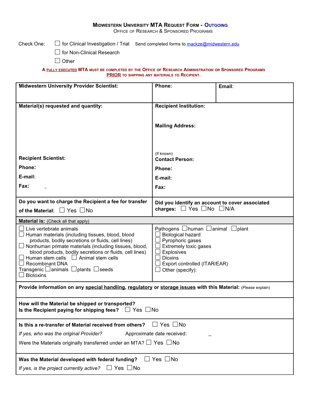 Material Transfer Agreement Routing Form