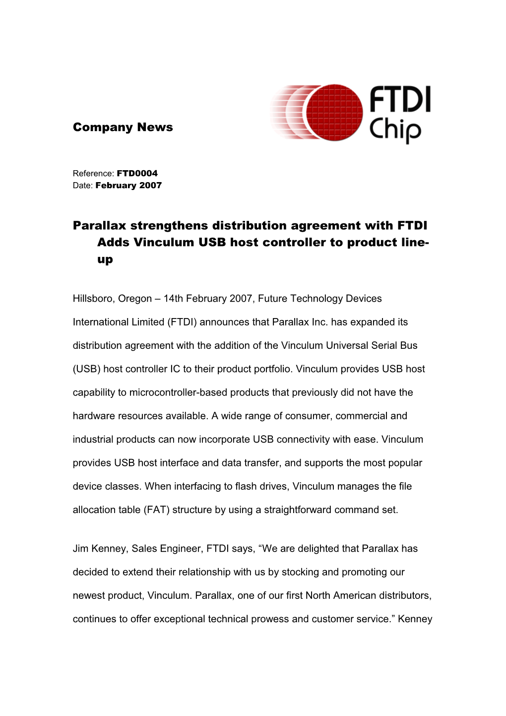 Parallax Strengthens Distribution Agreement with FTDI Adds Vinculum USB Host Controller