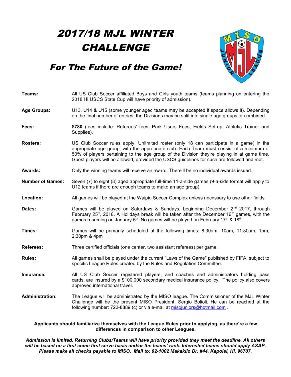 MJL WINTER CHALLENGE CLUB APPLICATION FORM (Multiple Teams)