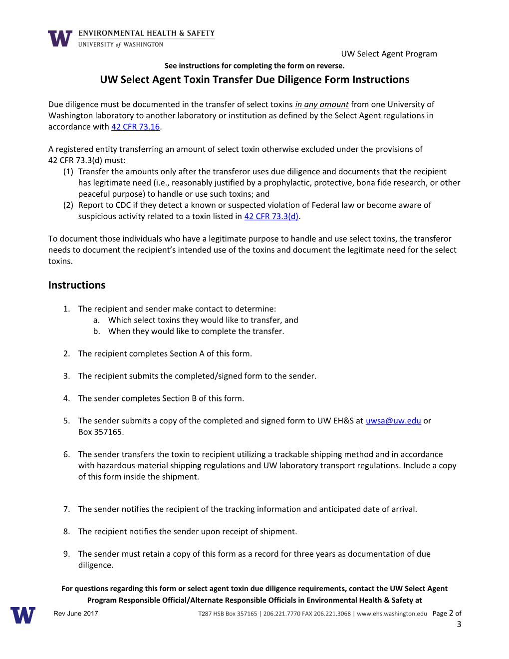 Select Agent Toxin Transfer Due Diligence Form