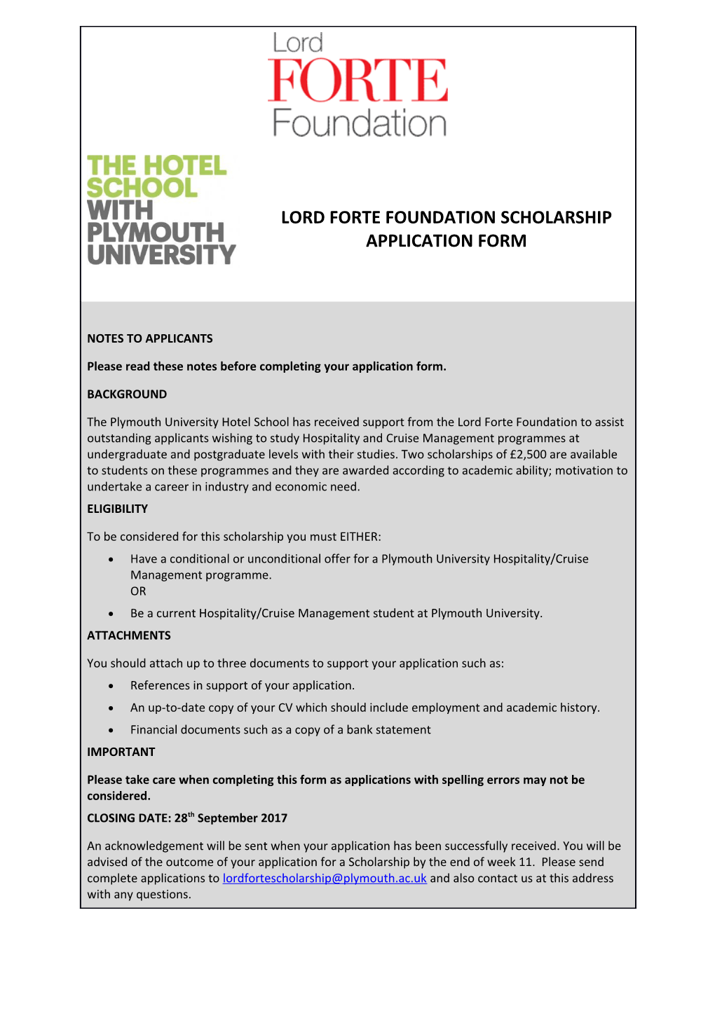 Lord Forte Foundation Scholarship Application Form