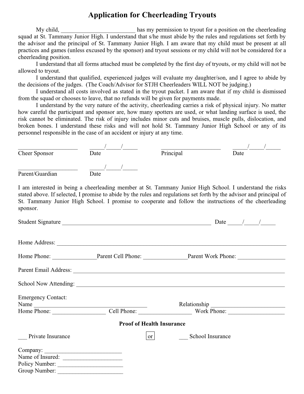 Application for Cheerleading Tryouts