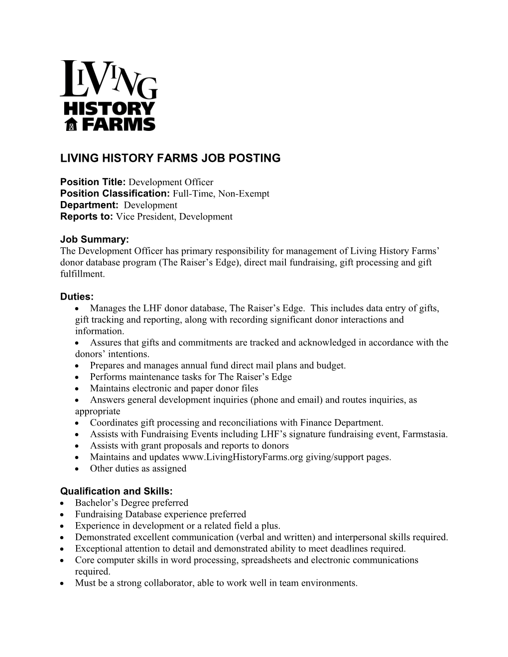 Living History Farms Job Posting