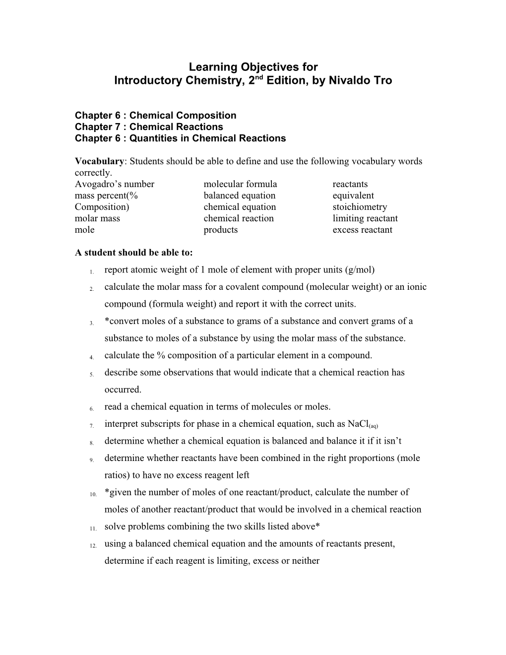 Learning Objectives for Introductory Chemistry, 2Nd Edition, by Nivaldo Tro