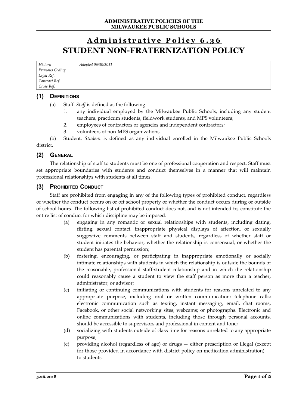 Administrative Policy 6.36: STUDENT NON-FRATERNIZATION POLICY