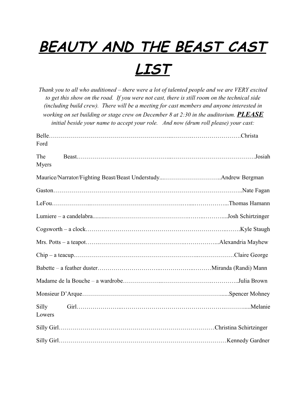 Beauty and the Beast Cast List