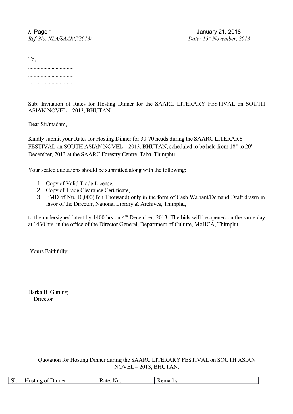 National Library of Bhutan Letter