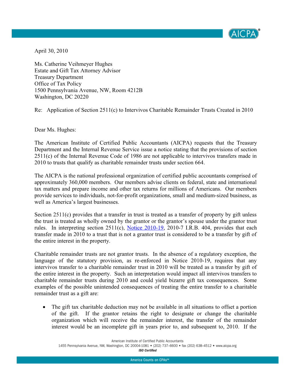 AICPA Letter to IRS on Section 2511 and Crts - April 30, 2010