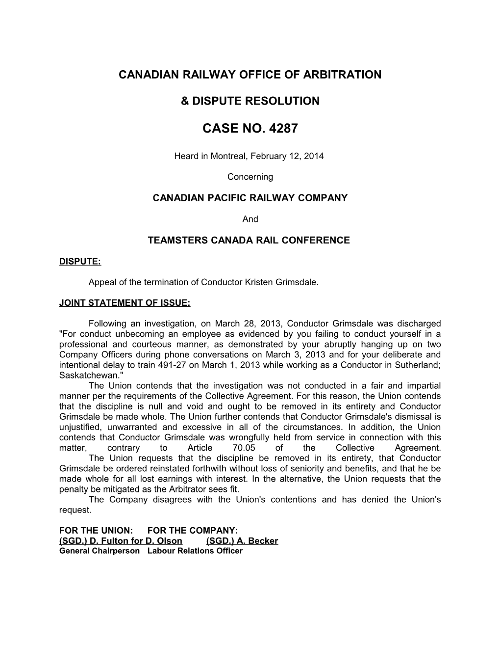 Canadian Railway Office of Arbitration & Dispute Resolution