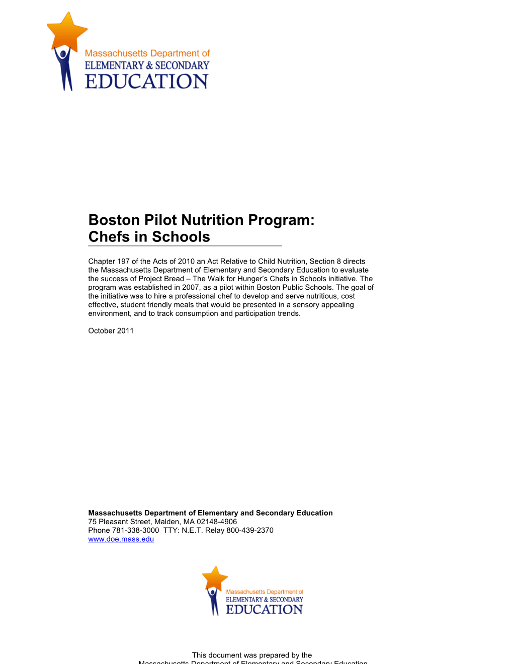 Boston Pilot Nutrition Program: Chefs in Schools Report