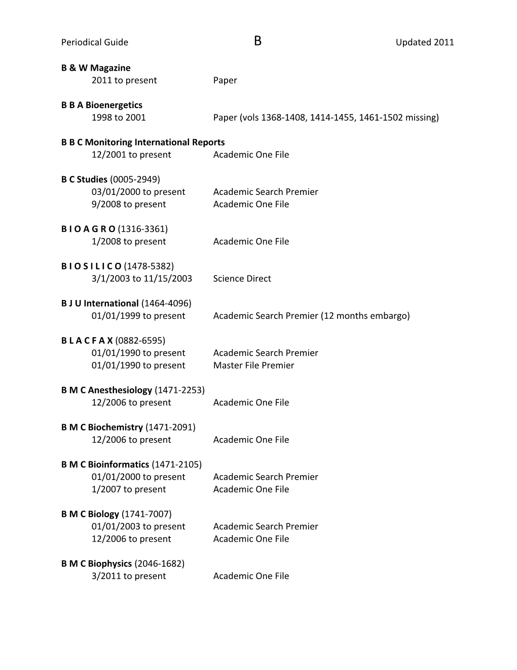 Periodical Guide B Updated 2011