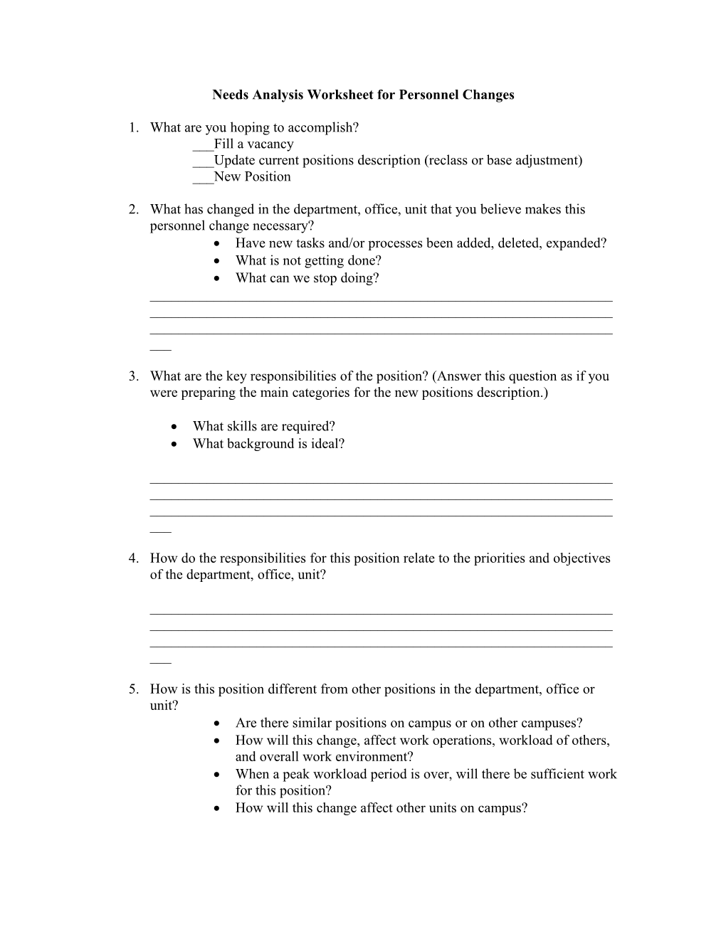 Needs Analysis Worksheet for Personnel Changes