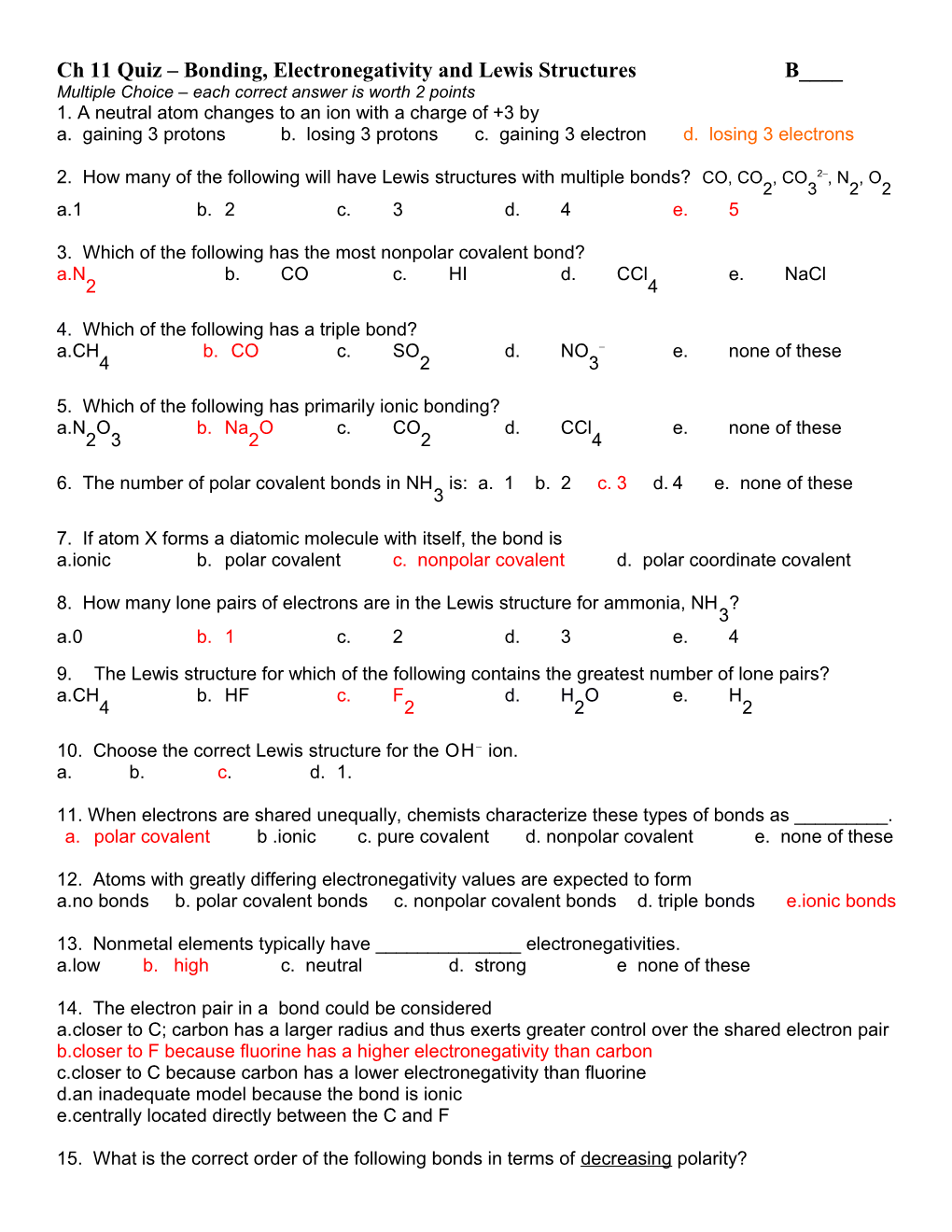 Ch 11 Quiz Bonding, Electronegativity and Lewis Structures