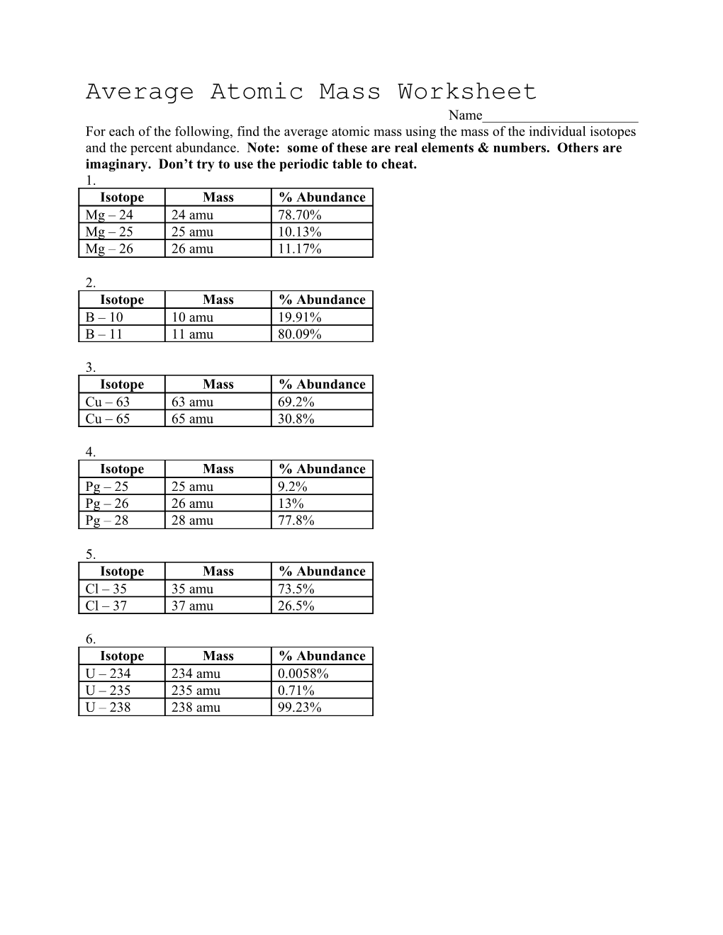 Average Atomic Mass Worksheet s1